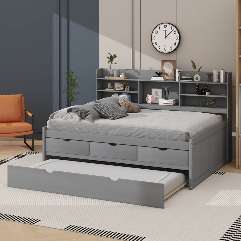 Lit double spacieux en bois avec tablettes et trois tiroirs de rangement