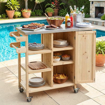 Chariot en bois pour îlot de cuisine avec plateau en acier inoxydable, table d'appoint pliable, roues verrouillables, station de préparation pour patio roulant