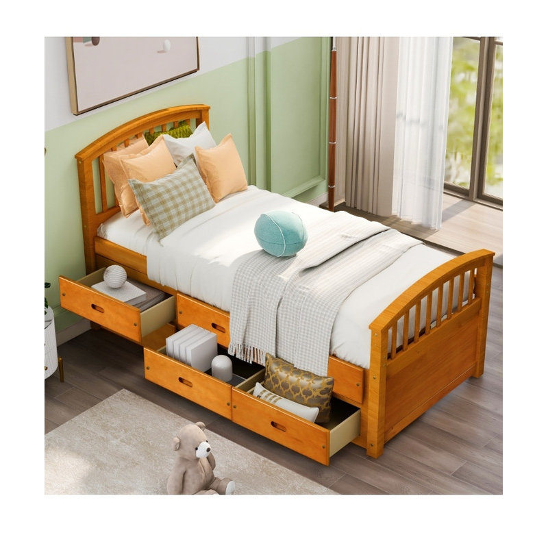 Twin Size Solid Wood Platform Storage Bed with 6 Drawers | No Box Spring Needed, Brown