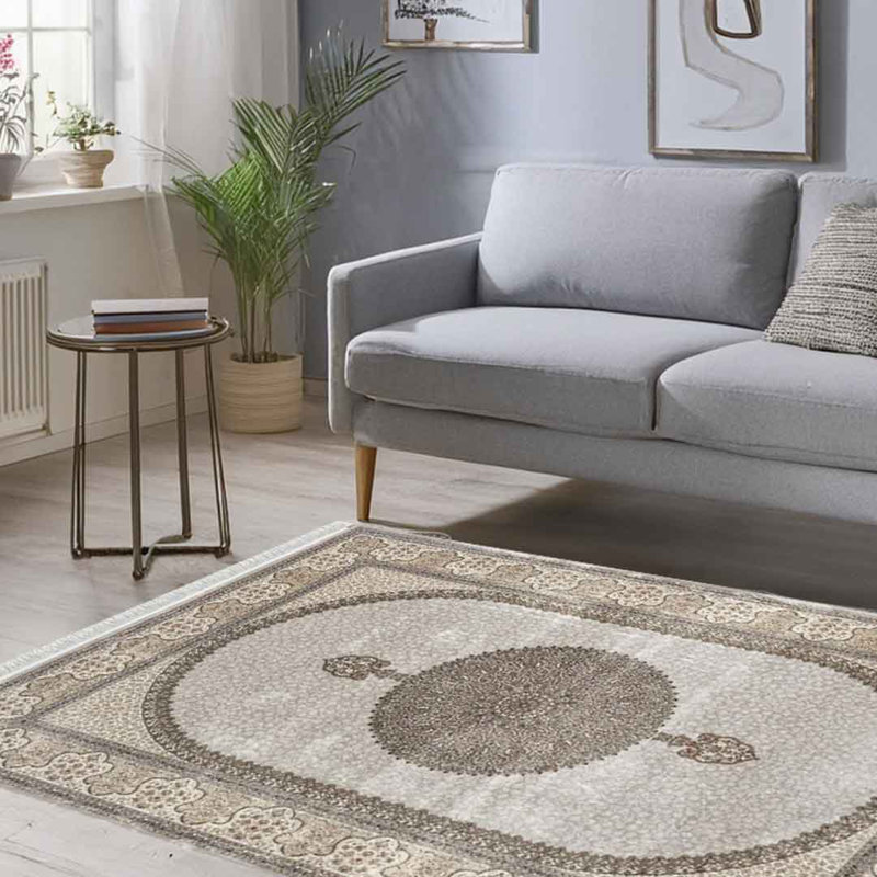 Minyatur L Vizon White Medallion Area Rug – Low-Pile 100% Viscose Woven Carpet, Neutral Traditional Style