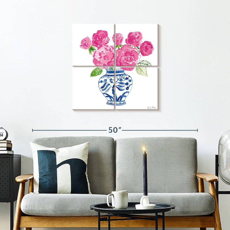 Harnek chinoiserie roses sur fond blanc I, H 26 po x l 26 po
