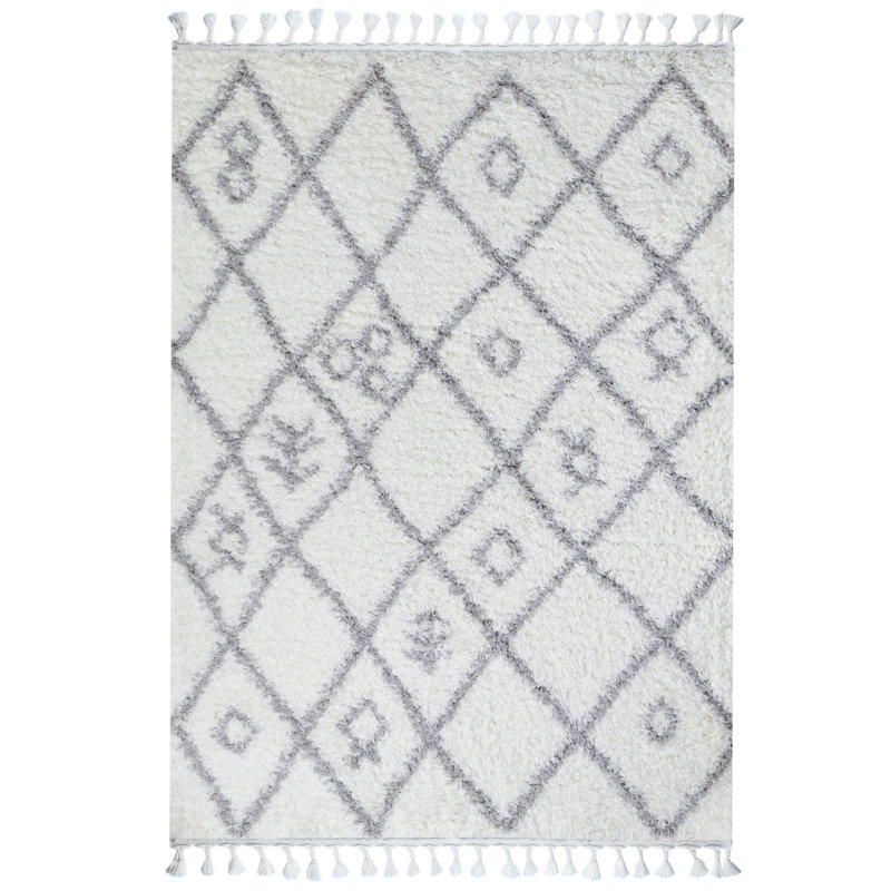 Tapis rectangulaire en polyester tissé à la machine blanc / gris Higuera, Rectangle 5 pi 3 po x 7 pi 7 po