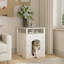 Enceinte de litière moderne en bois avec tablette de rangement et armoire cachée pour l'intérieur.