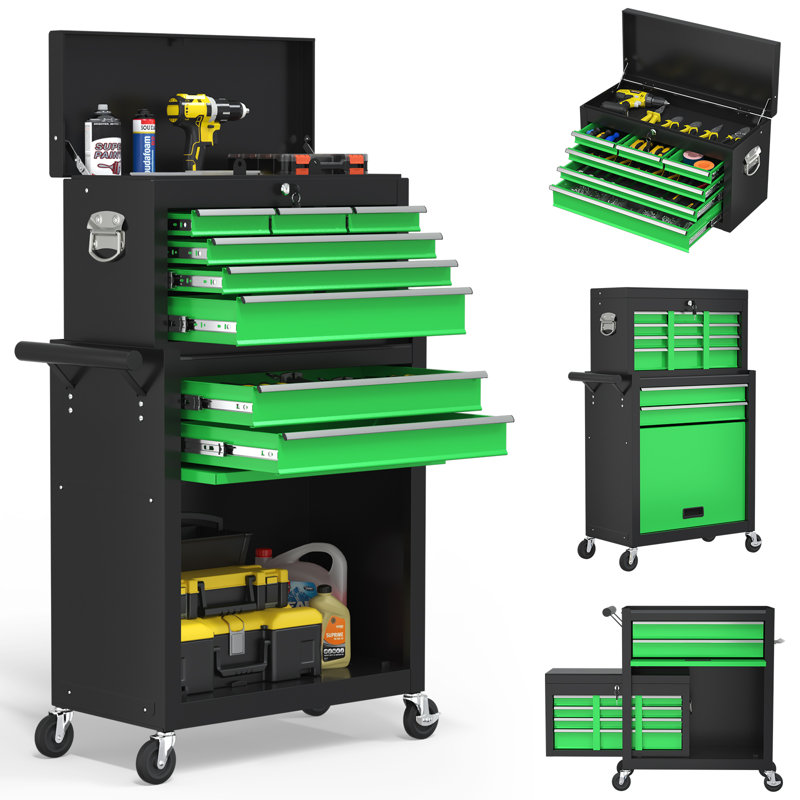 8-Drawer Tool Chest with Wheels，2-In-1 Detachable Metal Toolbox Storage Cabinet Organizer（GREENBLACK）, Black/Green