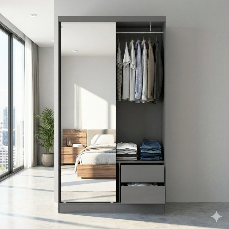 Armoire-penderie Eliason, Gris foncé / chêne naturel
