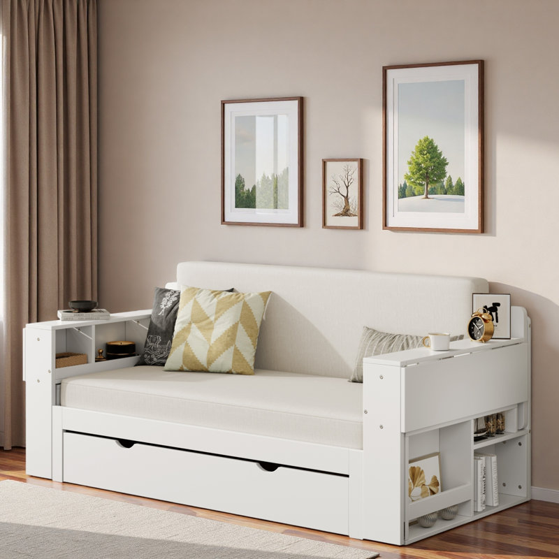 Lit de jour multifonctionnel avec tiroir de rangement, compartiments ouverts et table d'appoint hydraulique, Blanc