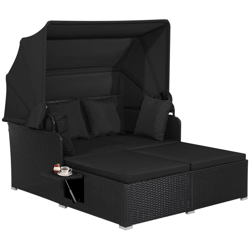 Patio Rattan Daybed Lounge Retractable Top Canopy Side Tables Cushions Black