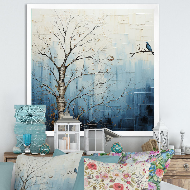 Minimalisme, arbre bleu, charme III sur toile, Cadre simple blanc, H 36 po x l 36 po x P 1,5 po