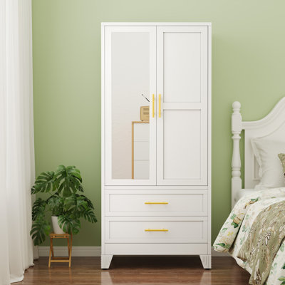 Metal Armoire Wardrobe Closet Cabinet with Mirror and 2 Drawers