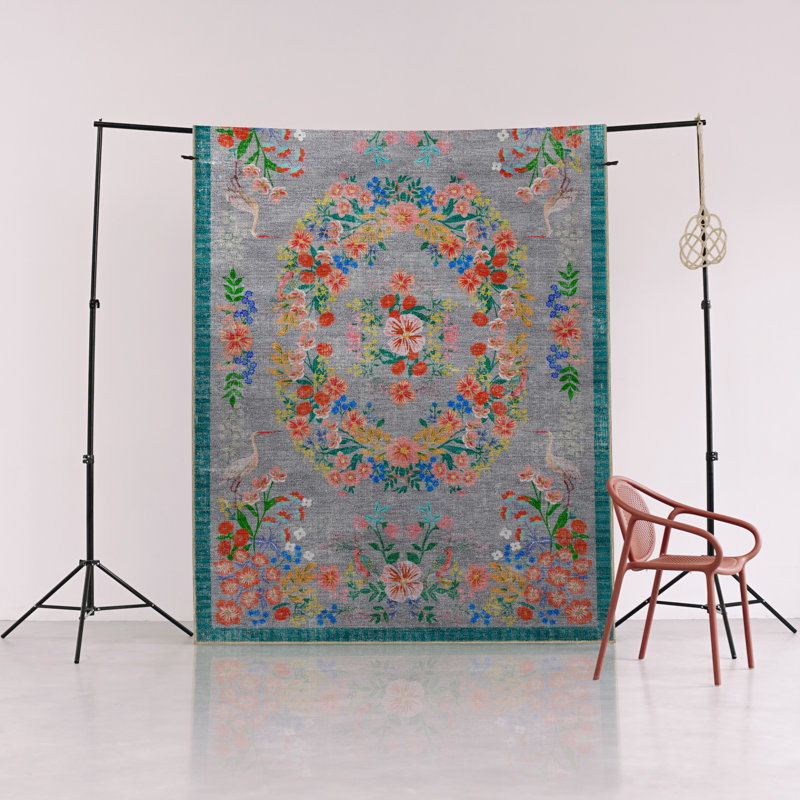 Floral Gray Themed Multi-Colored Floral Patterned Colorful Woven Base Rug, Rectangle 4'11.06" x 7'6.55"