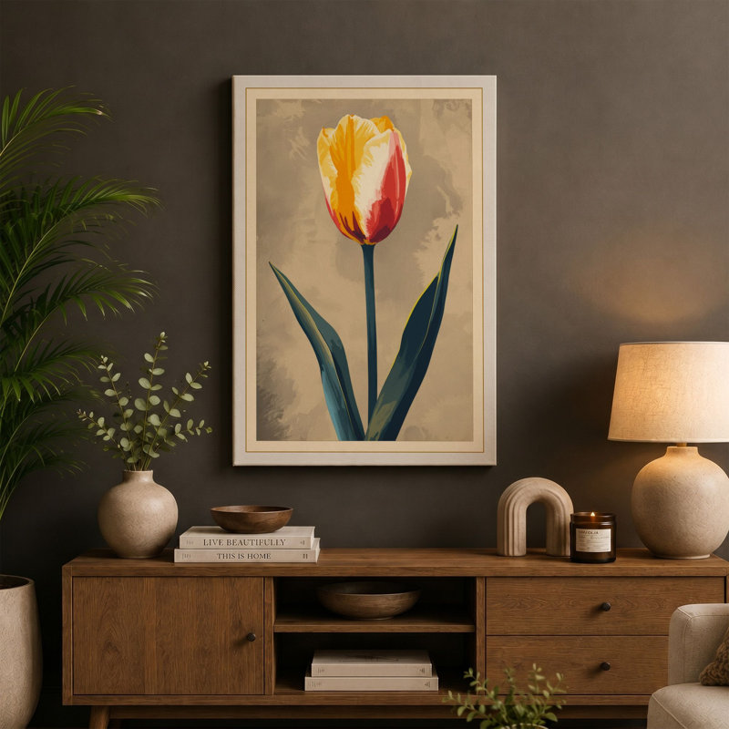 Centered Tulip Botanical - Wrapped Canvas, 18x12 - 45.7 x 30.5 cm, Ochre Border
