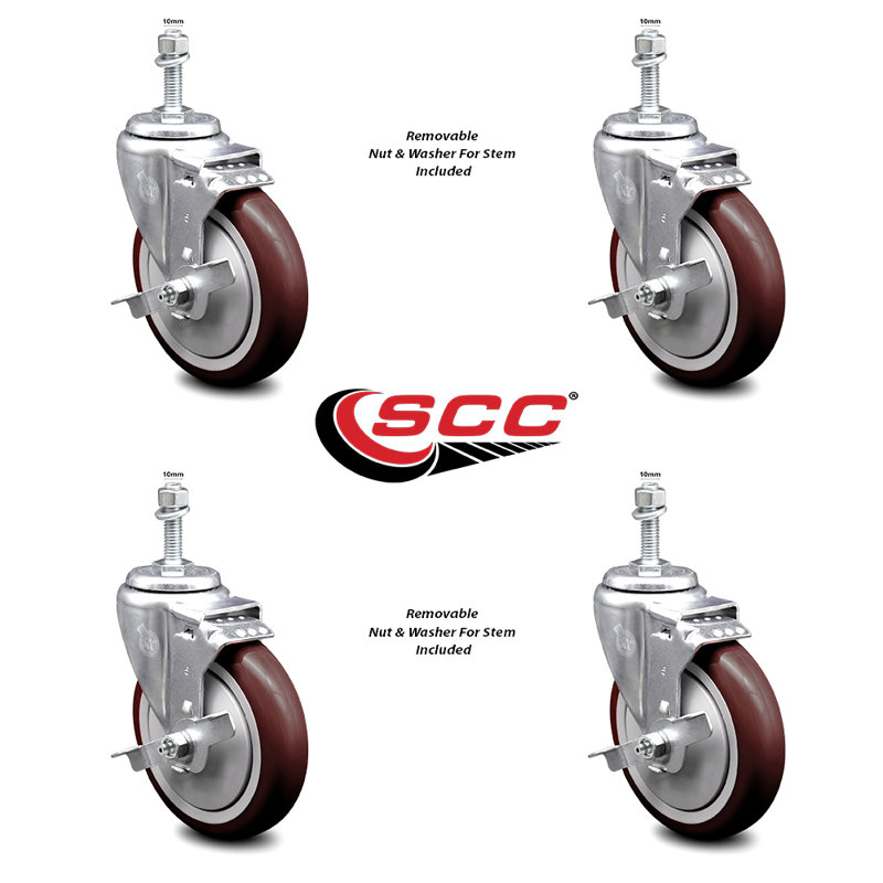 Ensemble de roulettes à tige filetée en polyuréthane pivotant 10 mm 2 freins SCC