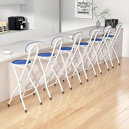 Upholstered Counter Stool with Metal Frame, Blue/White