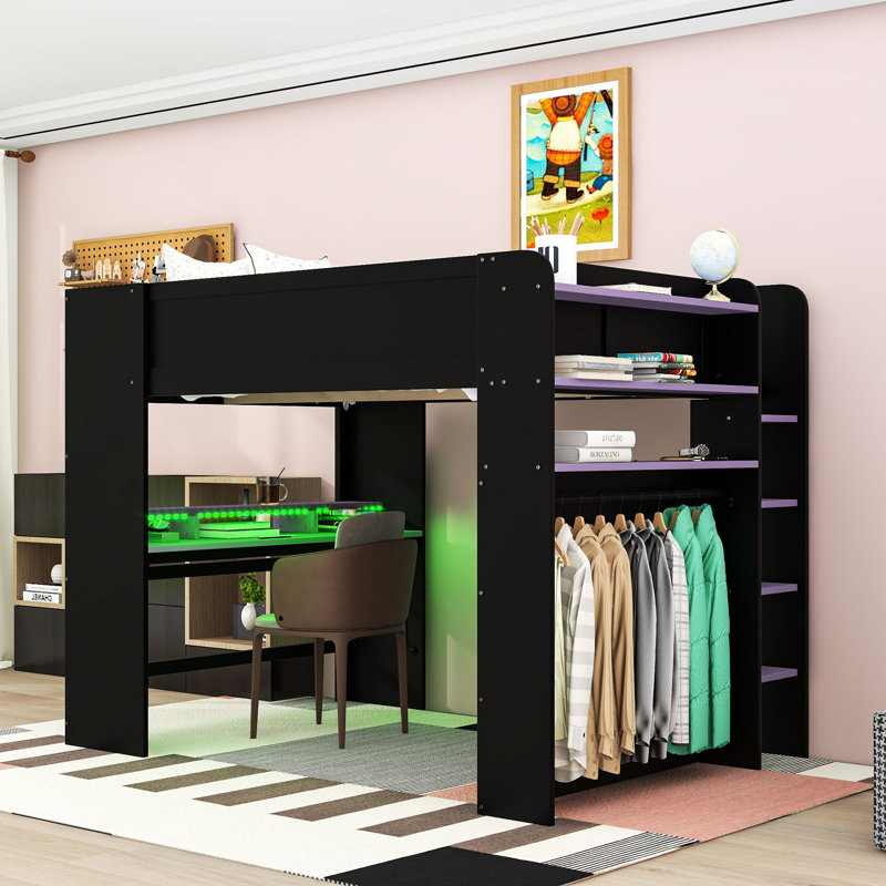 Lit mezzanine en bois avec bureau, lumière, tablettes et port USB