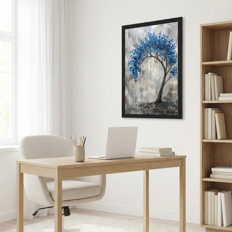 Toile noire encadrée en bois noir pour salon, chambre à coucher, bureau ou vestibule - décoration murale décorative avec arbre bleu