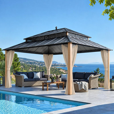 SUNJOY Kingston 16x12 Gazebo, Steel Hardtop Gazebo with Curtain and Netting - Woodgrain Aluminum Posts