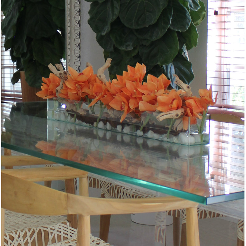 Driftwood Cymbidium Orchids Centerpiece in Glass Planter, 8" H x 24" W x 6" D, Orange