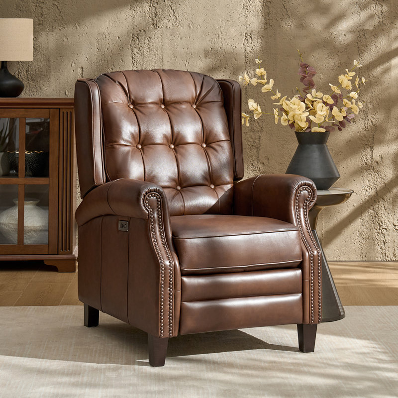 Fauteuil inclinable électrique en cuir ciré l 29,25 po Martina avec pieds en bois massif, Brun