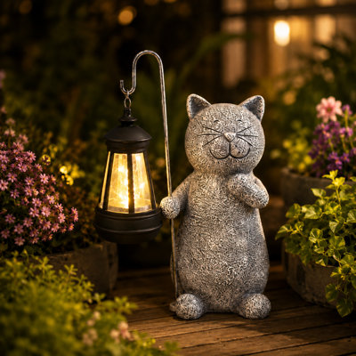 Statue de jardin solaire pour chat avec lanterne suspendue, figurine d'extérieur en résine pour patio, cour, décoration de pelouse, cadeau pour les amoureux de maman et de chat