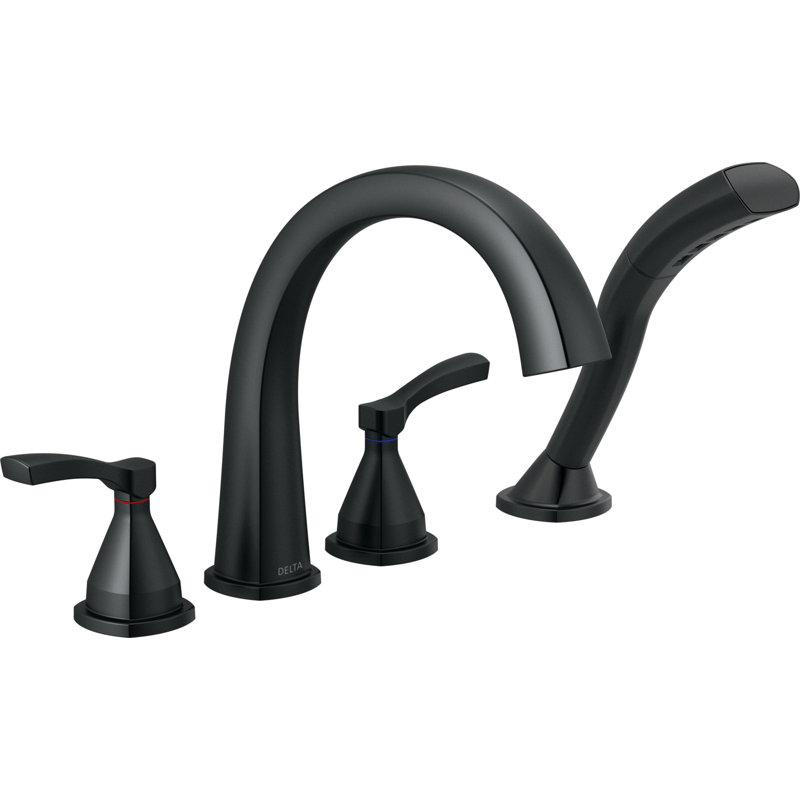 Garniture de robinet de baignoire romaine à deux poignées Stryke, Noir mat, Avec pomme de douche à main, Poignée levier