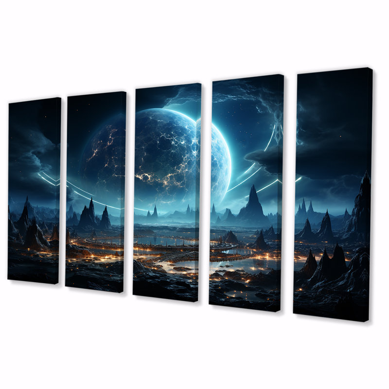 «White and Blue Cosmic Space Landscape I - Planets», ensemble de 5 pièces d'art mural, H 28 po x l 60 po