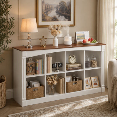 8-Cube Storage Organizer, Two-Tone Wood 2-Tier Cube Bookcase with Decorative Moldings, Horizontal Open Cubby Display Shelf Unit, Low Bookshelf Console Table for Living Room, Bedroom, Office