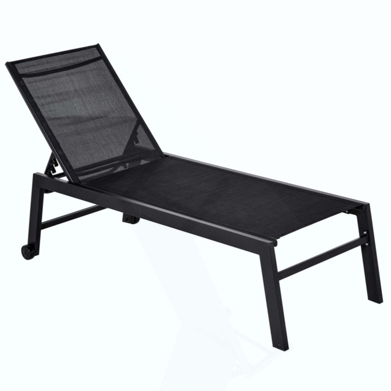 Outdoor Lounge Chair, Patio Lounger With 5-Position Reclining Backrest And 2 Wheels For Poolside, Beach, Lawn