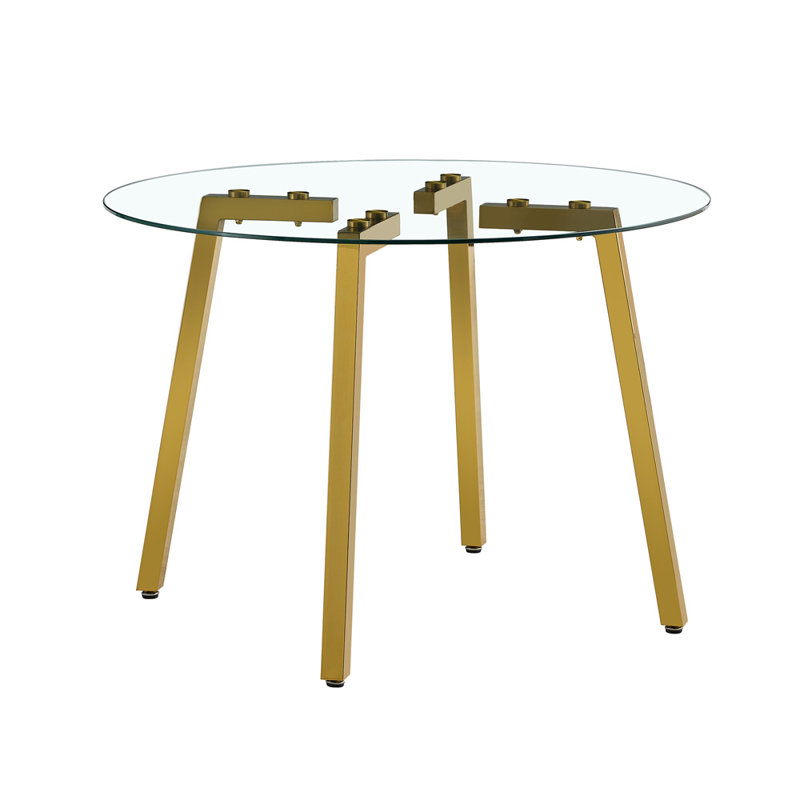 Modern Round Clear Tempered Glass Dining Table, Gold, 29.5'' H x 40" W x 40" D