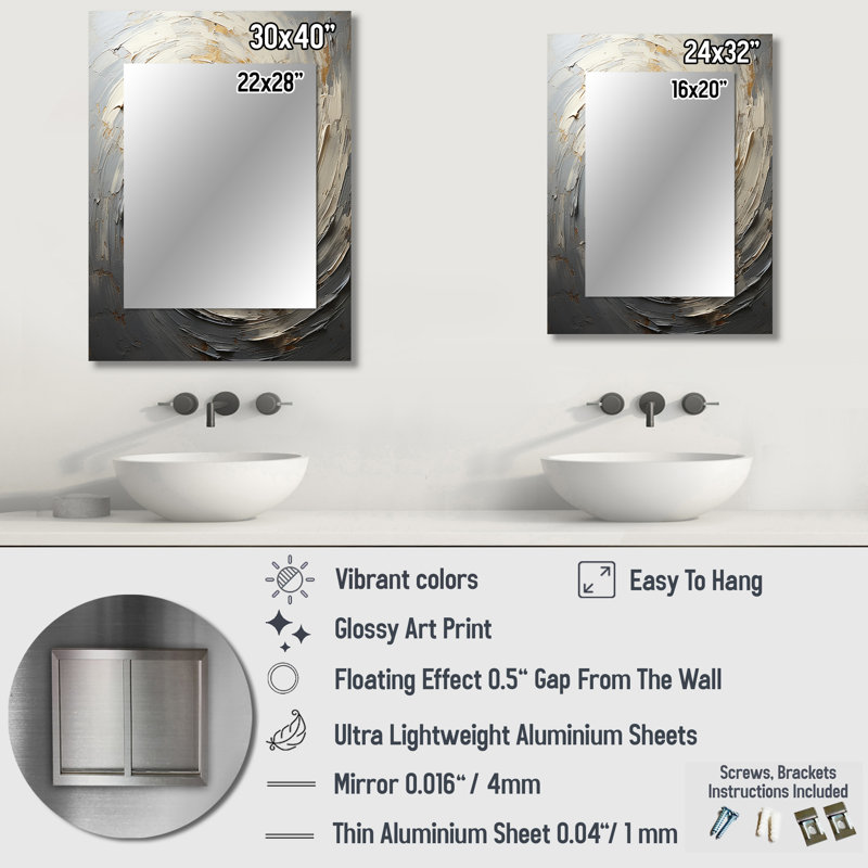 Grey And Gold Mystical Spirals - Abstract Spirals Large Mirror, Modern Decorative Wall Mirror, Printed Metal Art, 40" x 30"