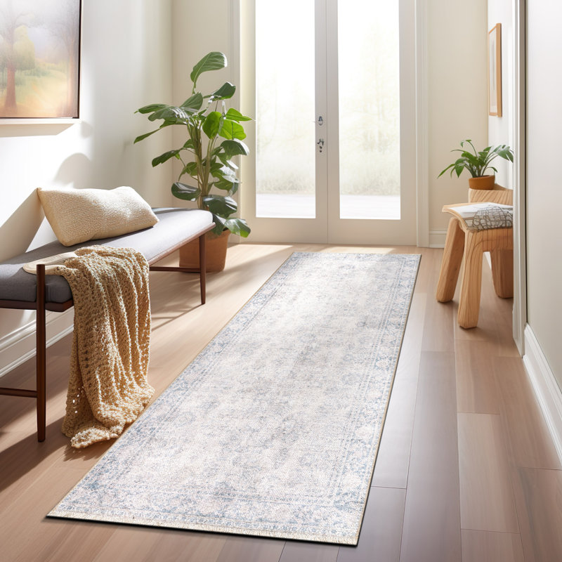 Kromer Oriental Machine Washable Blue Area Rug, Rectangle 2' x 3'