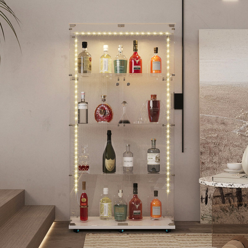 Tempered Glass Display Cabinet,Wine Cabinet, Storage Cabinet,File Cabinet,With Bluetooth LED Strip,Can Be Controlled By Remote Control Or Mobile APP,Swivel Casters,Can Be Placed Anywhere