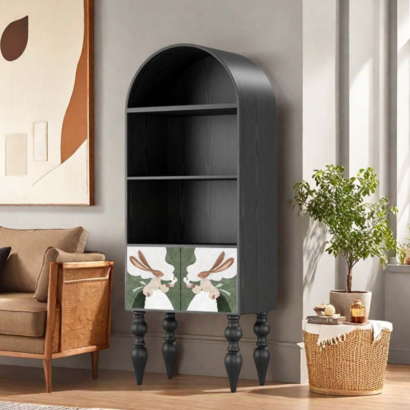 Black Solid Wood Arched Bookcase Display Cabinet