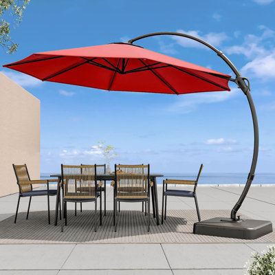 11FT Patio Umbrella, Aluminum Curvy Cantilever Umbrella With Base (New Red)