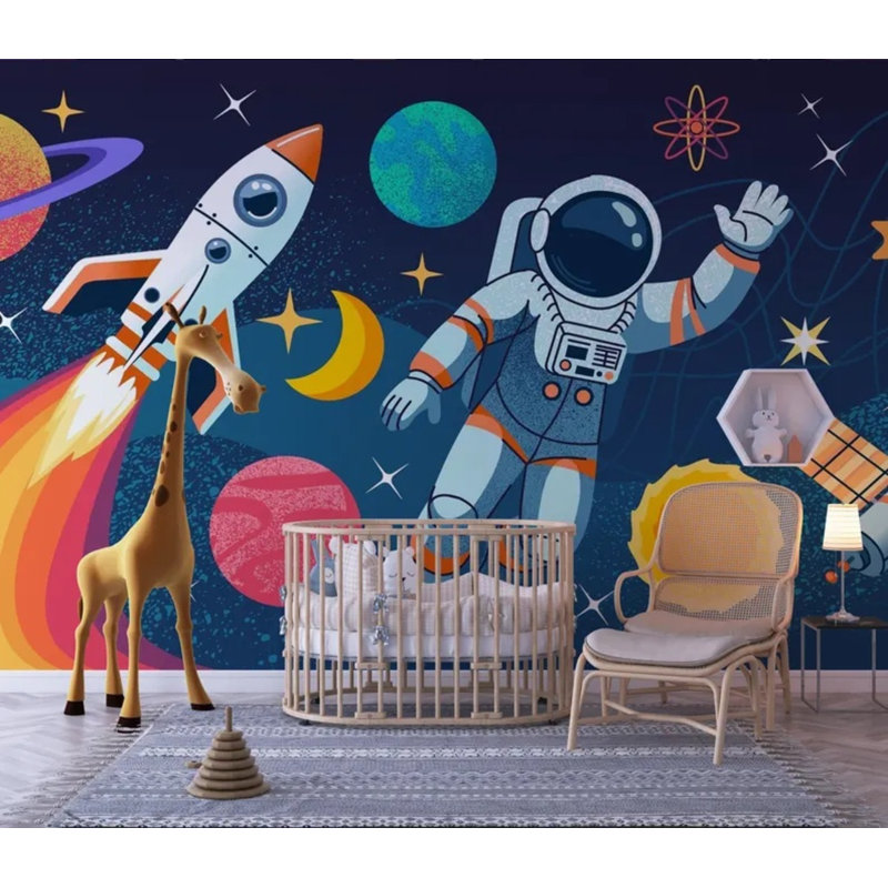 Adhésif mural pour enfants, astronaute, espace, fusée, planètes, système solaire, étoiles galaxies, L 204 po x l 114 po