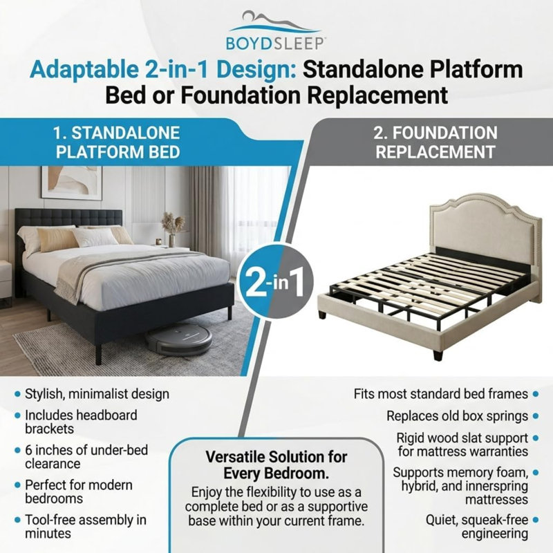 Sommier et base de lit en métal 2 en 1 avec lattes coulissantes, assemblage facile, pieds amovibles, support robuste, supports de tête de lit, utilisation comme base de lit ou comme sommier tapissier