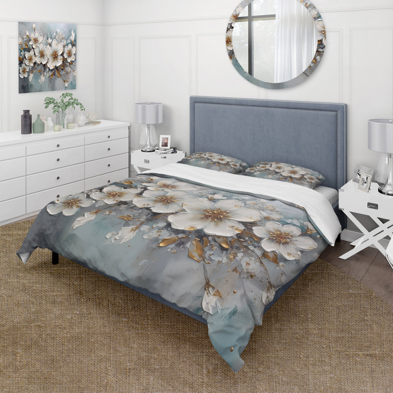Ensemble de housse de couette en microfibre / polyester Daisy Symphony III blanc et doré