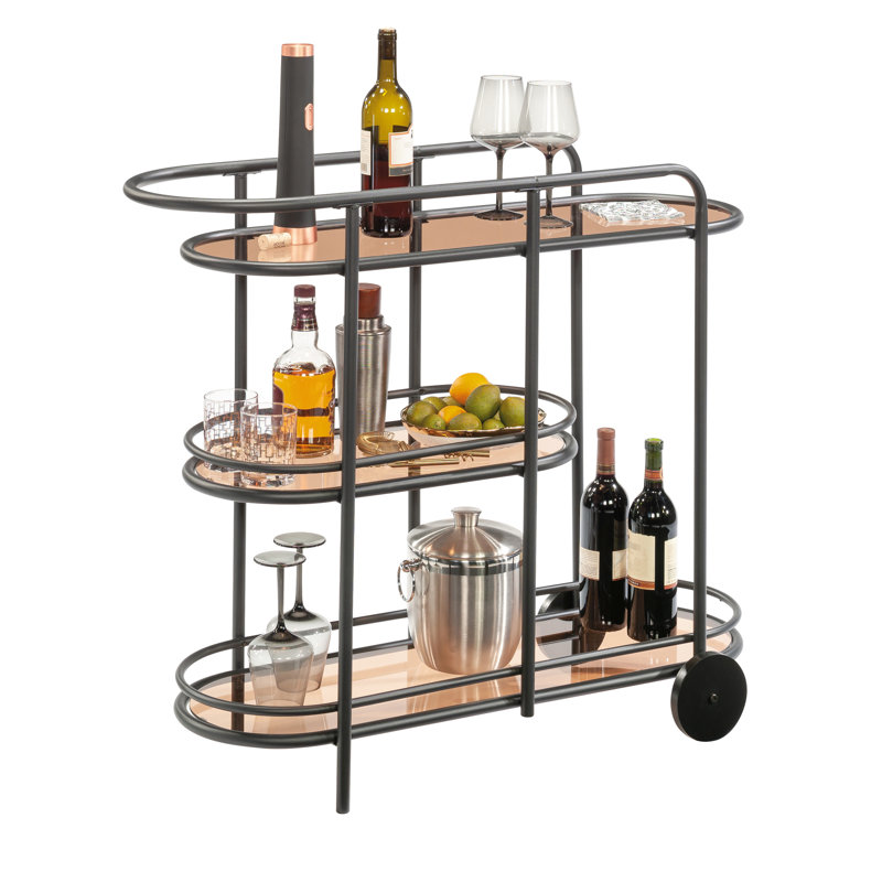 Chariot-bar moderne noir avec tablettes en verre teinté ambré, convient à plusieurs espaces, cadre, facile à assembler, petites zones compactes, installation rapide et variée, serré