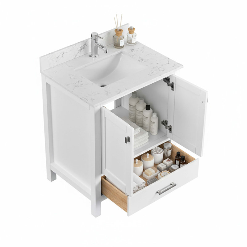 Meuble-lavabo de 30 po avec cadre en bois massif et comptoir de meuble-lavabo autoportant avec lavabo blanc