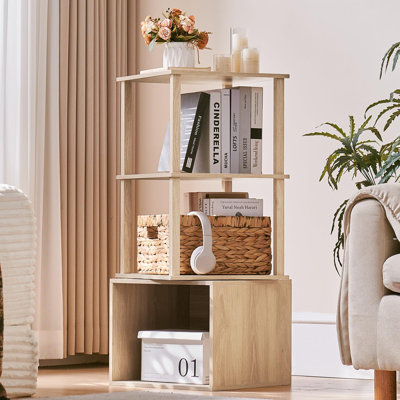 3 Tier Rotating Bookshelf with Storage Cabinet, 360° Display Revolving Bookcase, Square Spinning Book Shelf Tower Organizer, Freestanding Wooden Bookshelves for Small Space, Bedroom Living Room (Natural)