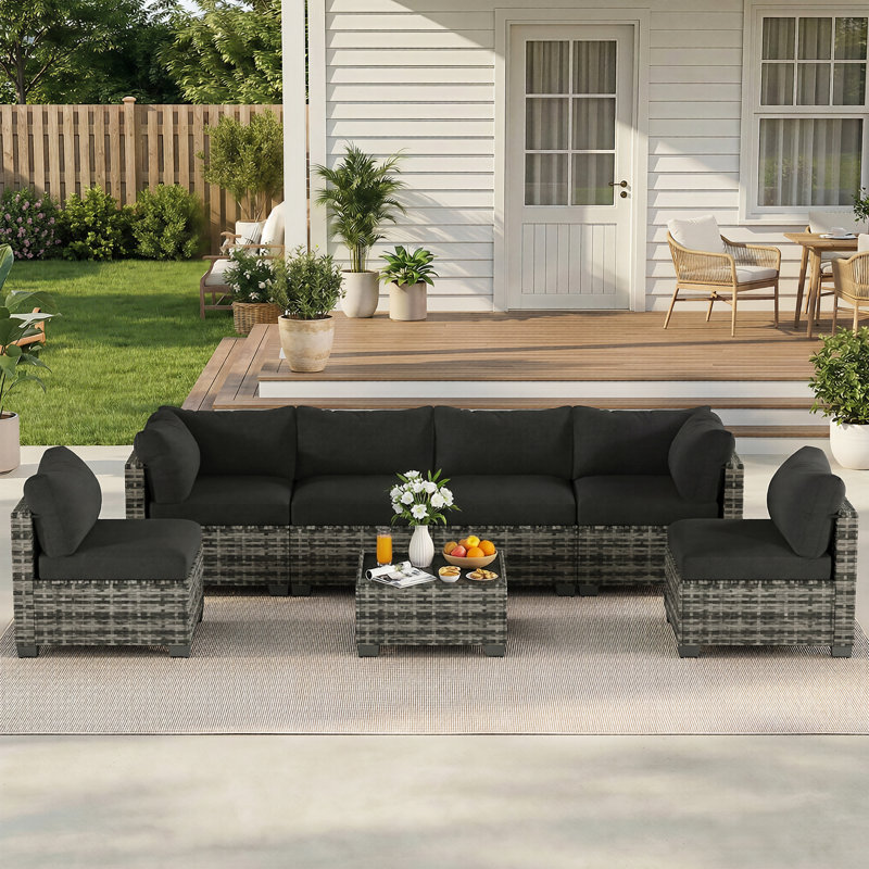 Outdoor 7-Piece Modular Rattan Patio Conversation Set with Cushions, Black, Beige Black