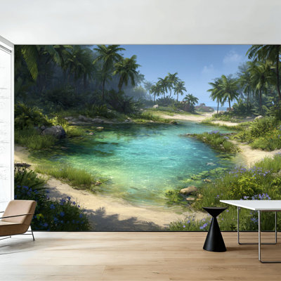 Peel and Stick Wallpaper Peaceful Tropical Scene Water Ripples Sand Wall Murals 100"H x 144"W Removable PVC Wall Paper Self-Adhesive Wall Decor for Bedroom Living Room Home Office