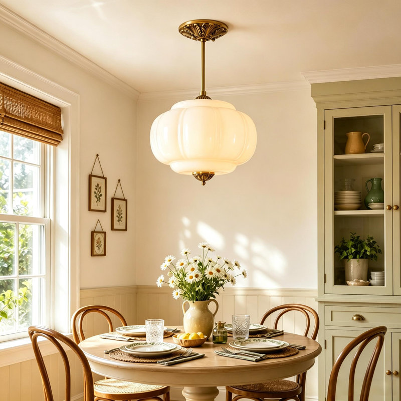 Glint 1 - Light Schoolhouse Brushed Brass Semi-Flush Mount Ceiling Light for Dining Room, Cream