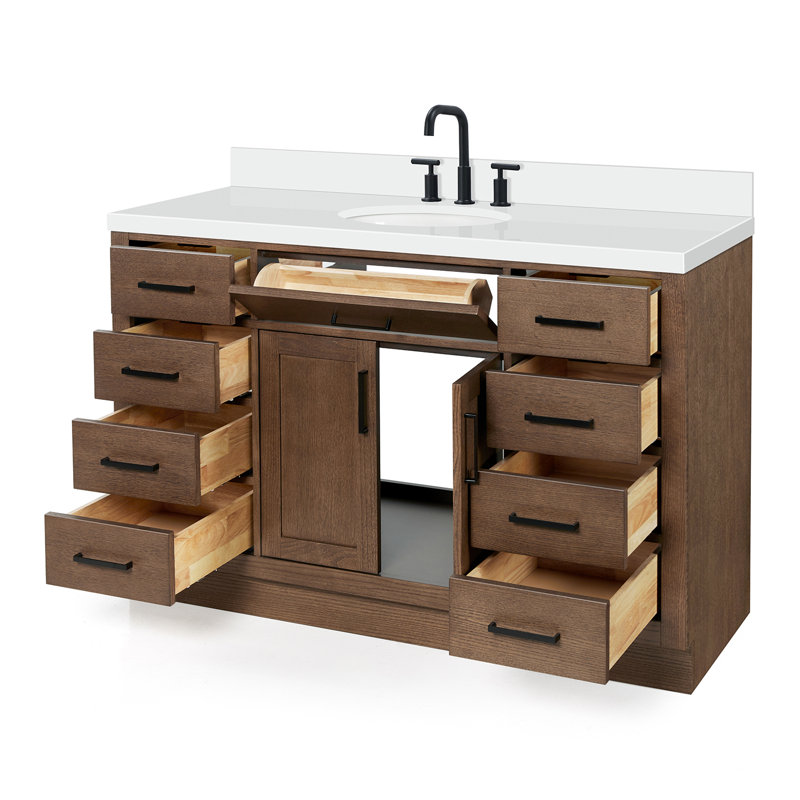 Thornaby 54'' Solid Wood Single Bathroom Vanity with 1.5'' White Quartz Top Sink, Oval, Brown Oak / Matte Black