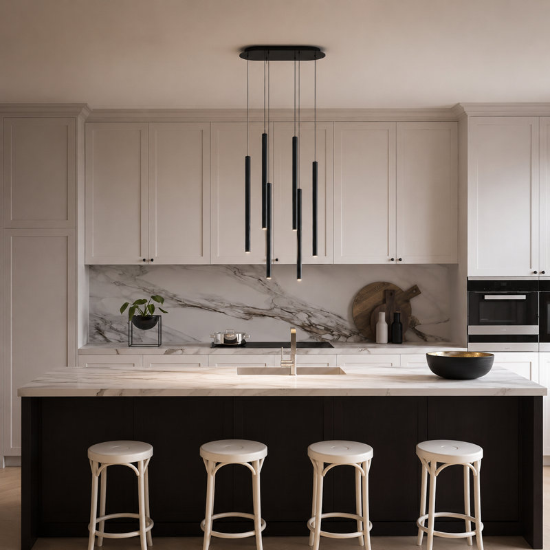 Luminaire suspendu cylindrique à 6 lumières DEL Baileyton, Dessus noir / nickel brossé