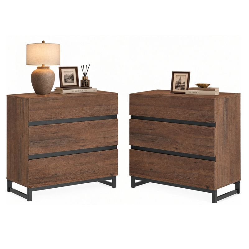 Aadam 3-Drawer Wood Nightstands with Metal Legs, Brown