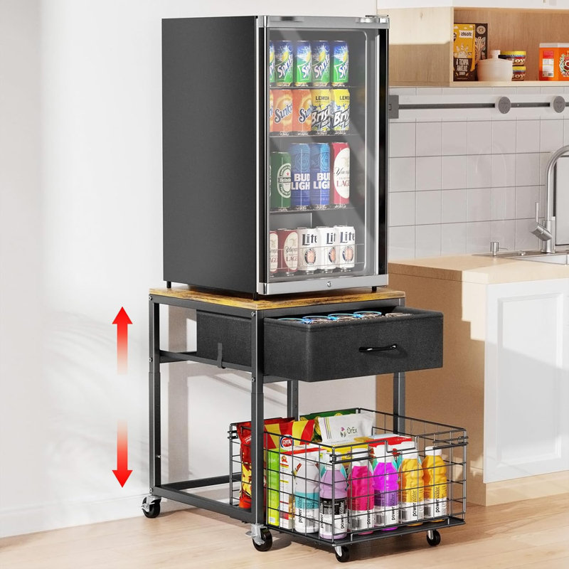 Mobile Mini Fridge Stand With Storage, Height-Adjustable Mini Beverage Fridge Table, Coffee Bar