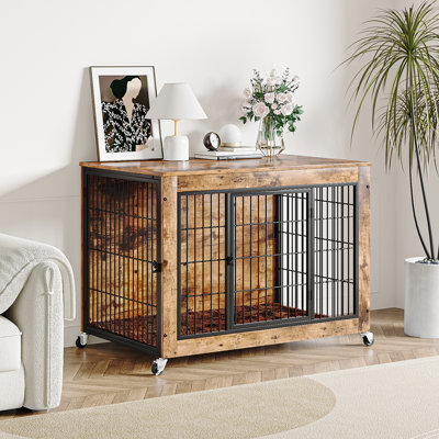 Mobilier de cage pour chien avec coussin, chenil en bois à deux portes pour l'intérieur, avec roulettes, table d'appoint décorative pour petits chiens de taille moyenne