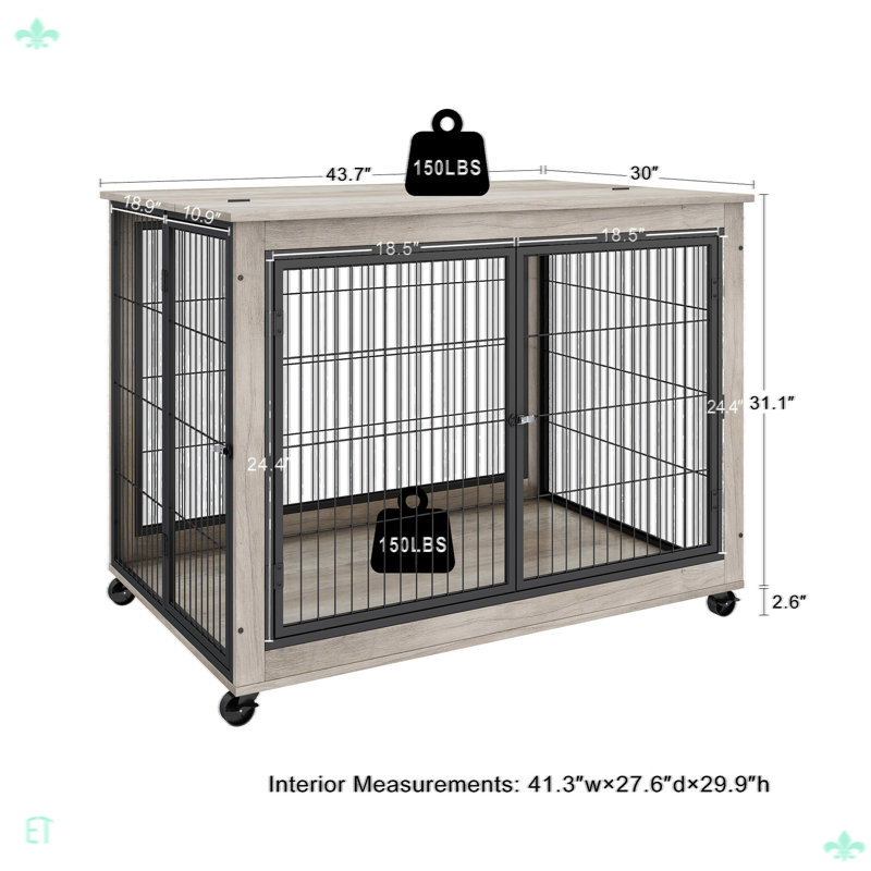 Table d'appoint à roulettes pour chien avec deux portes et un plateau relevable, H 31,02 po x l 43,62 po x P 30,13 po, Gris