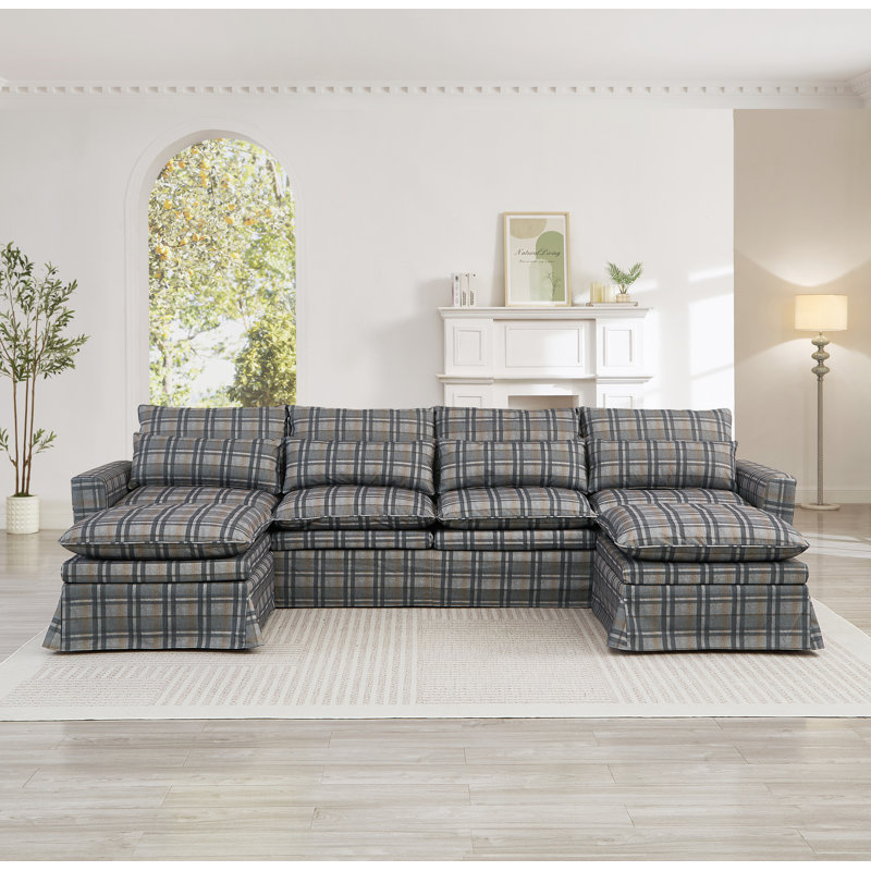 Benita Modular U-Shaped Sectional Sofa With Removable Covers, Gray Plaid Fabric