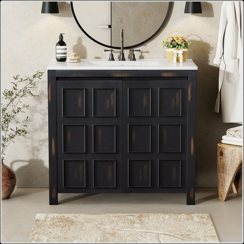 Organisateur de meuble-lavabo 36 po avec lavabo en céramique, armoire de rangement en bois rustique, Espresso